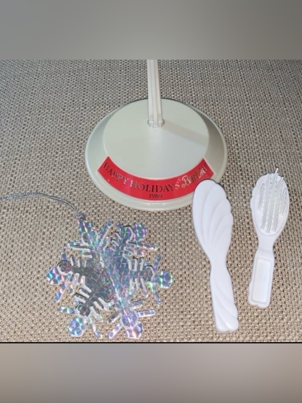 1989 Vintage Happy Holiday Barbie accessories: ornament, doll stand, hair brush
